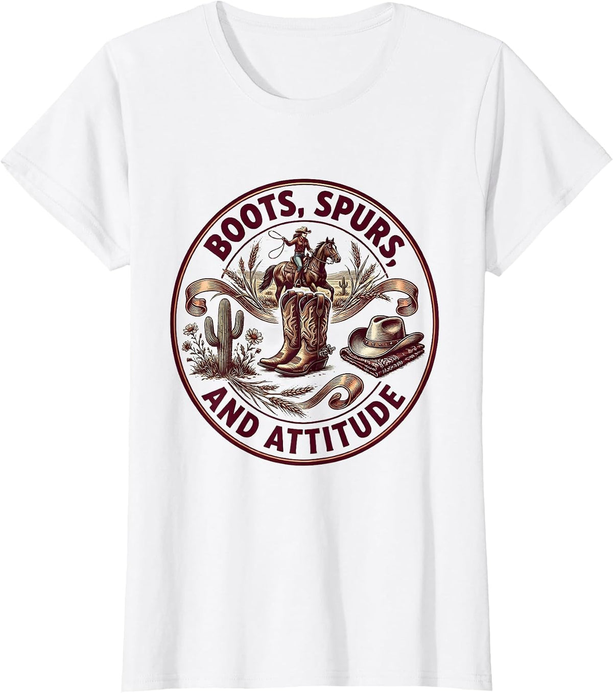 Women's Boots Spurs and Attitude Cowgirl Design T-Shirt - White
