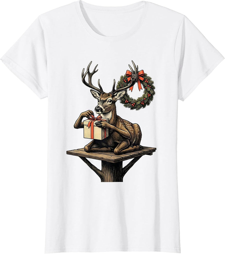 Women's Deer Hunter Gift Midcentury Modern Christmas T-Shirt - White