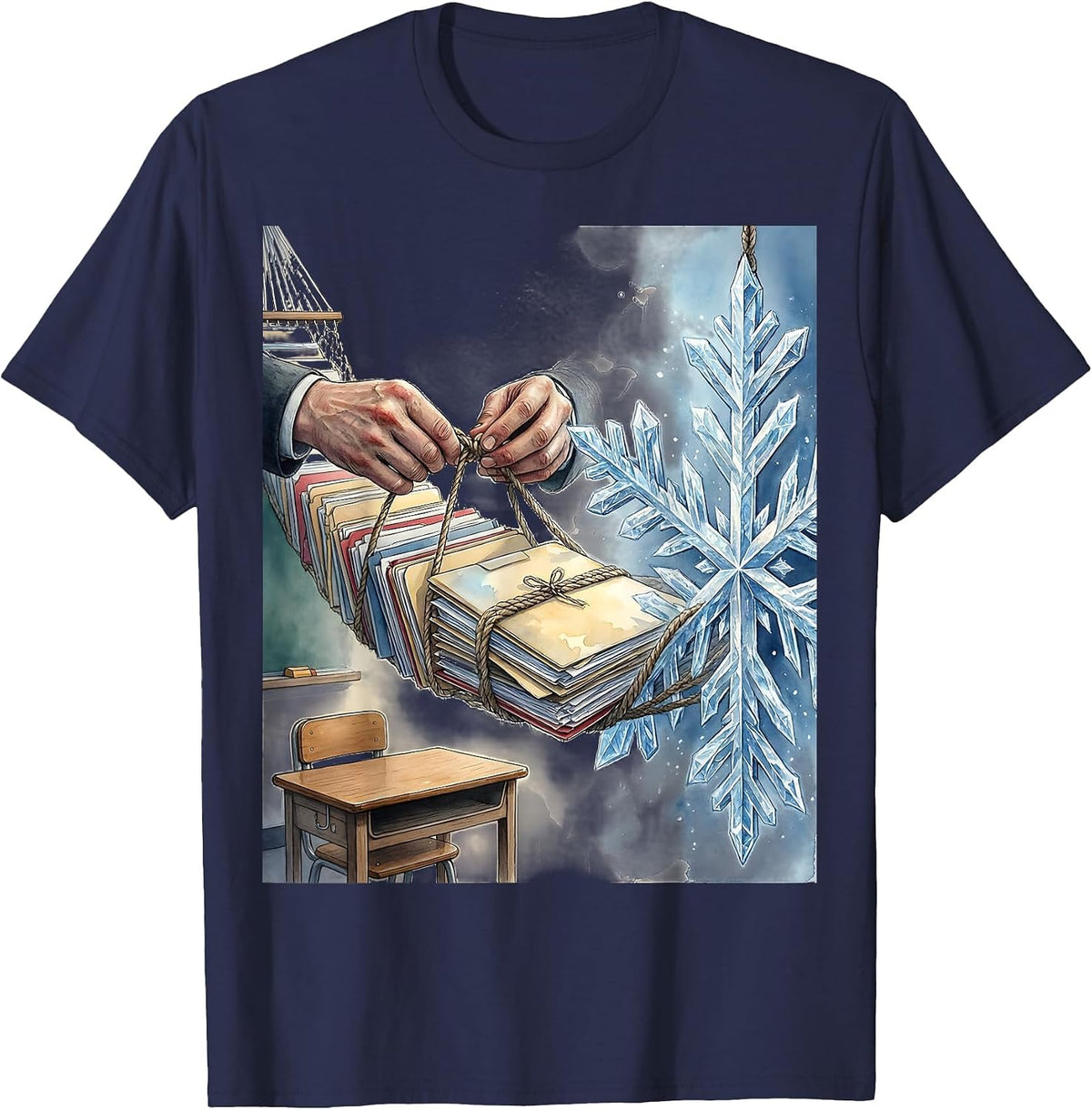 Watercolor Teacher Hands Bridge Christmas Break Humor T-Shirt - Navy Blue