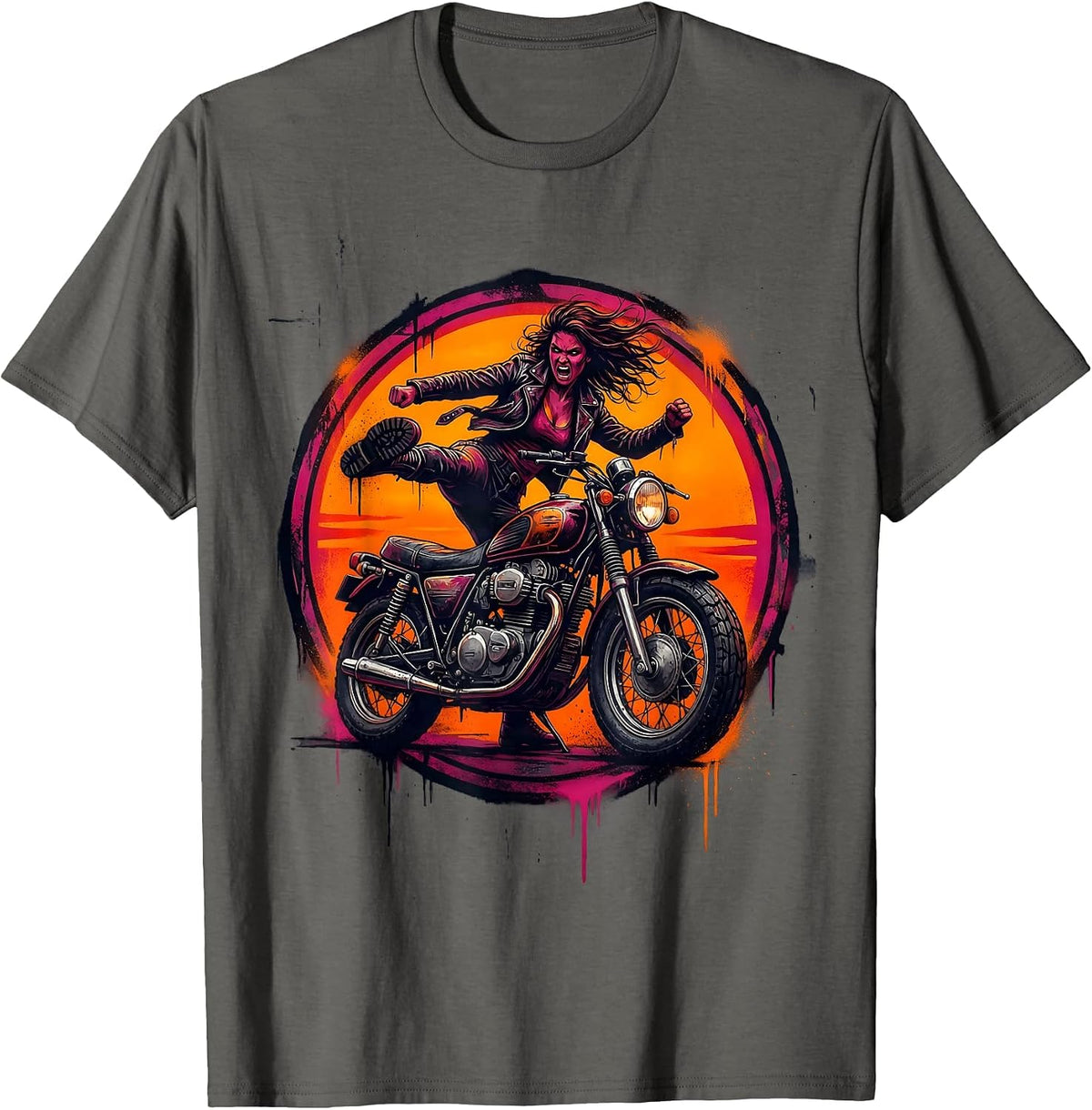 Vintage Motorcycle Kick-Start Dusk Biker Graphic T-Shirt - Asphalt Grey