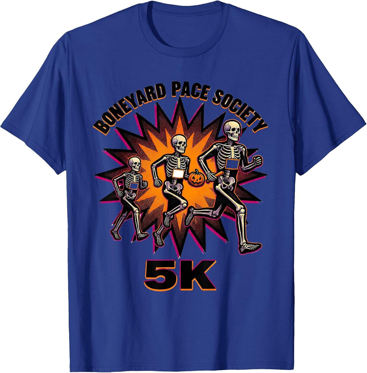 Men's Boneyard Pace Society 5K Funny Halloween Skeleton Runner T-Shirt - Royal Blue
