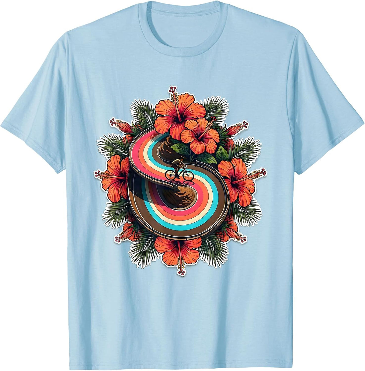 Men's Cyclist Climbing Mountain Road Overhead View T-Shirt - Baby Blue