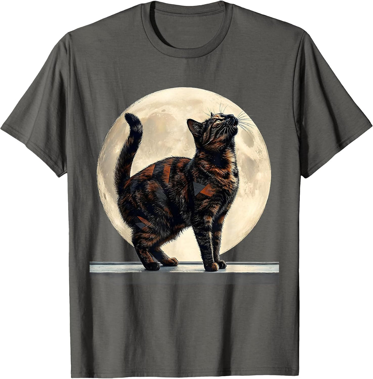 Men's Tortoiseshell Cat Howling at Moon 90's Retro Novelty T-Shirt - Asphalt Grey