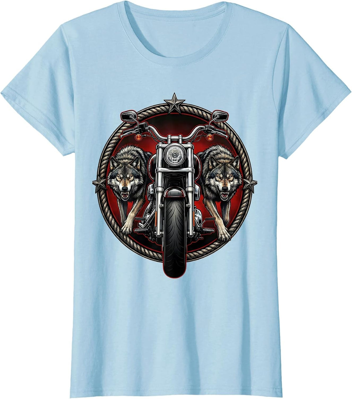 Women's Wolf Pack and Motorcycle Biker Graphic T-Shirt - Baby Blue