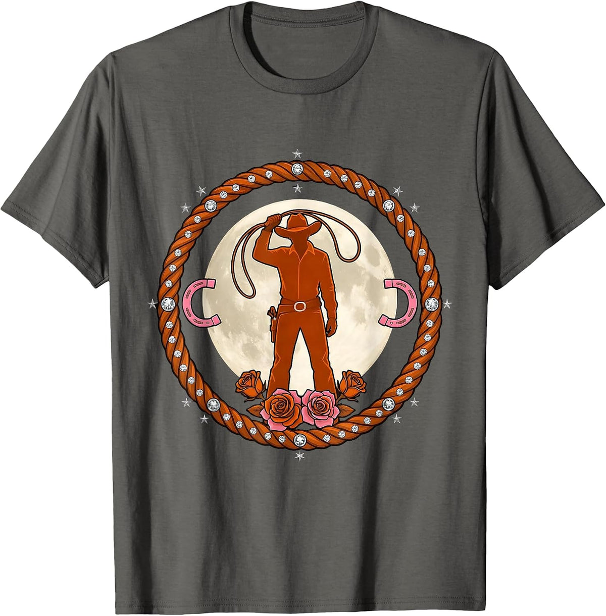 Cowgirl Silhouette Harvest Moon Western Graphic T-Shirt - Asphalt Grey