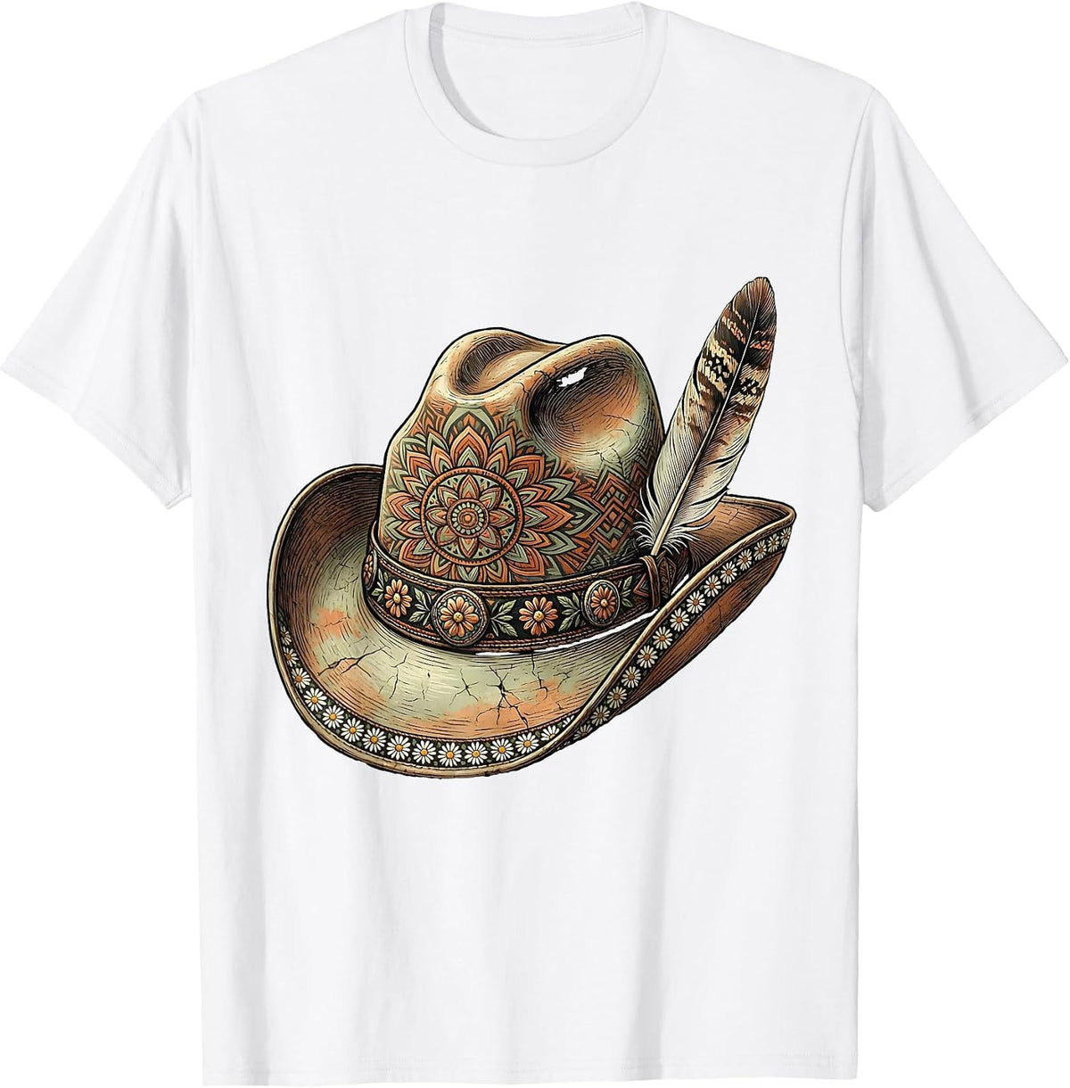 Men's Cowboy Hat Turquoise Band and Feather Graphic T-Shirt - White