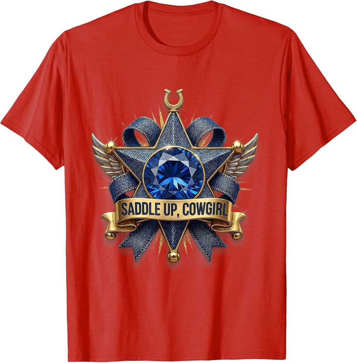 Men's Saddle Up Cowgirl Denim Western Design T-Shirt - Red