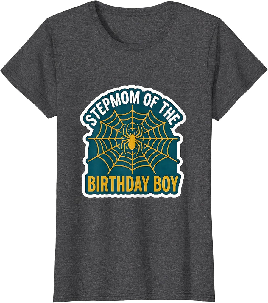 Women's Stepmom Of The Birthday Boy Spider Web Family Matching Party T-Shirt - Dark Heather Grey