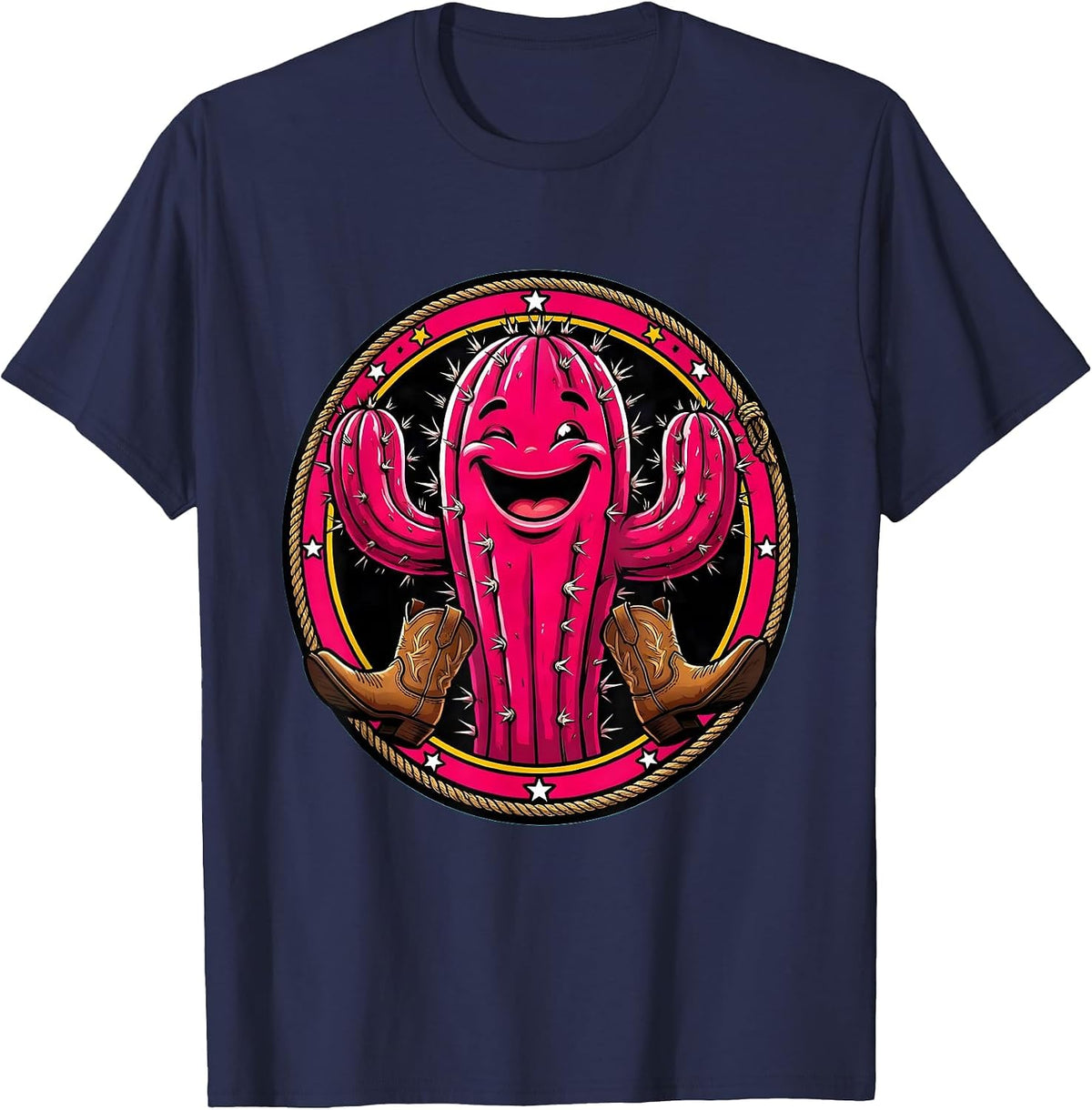 Pink Cactus Cowgirl Boots Western Desert Graphic T-Shirt - Navy Blue