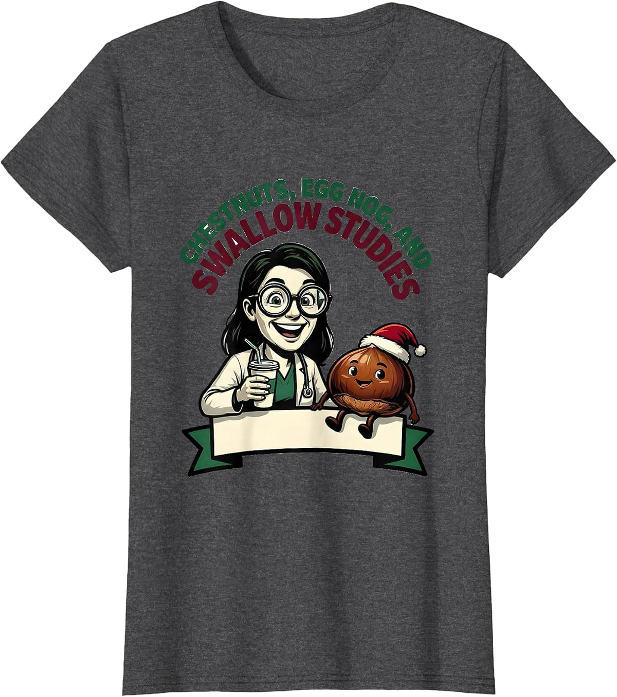 Women's Chestnuts, Egg Nog, And Swallow Studies Speech-Language T-Shirt - Dark Heather Grey