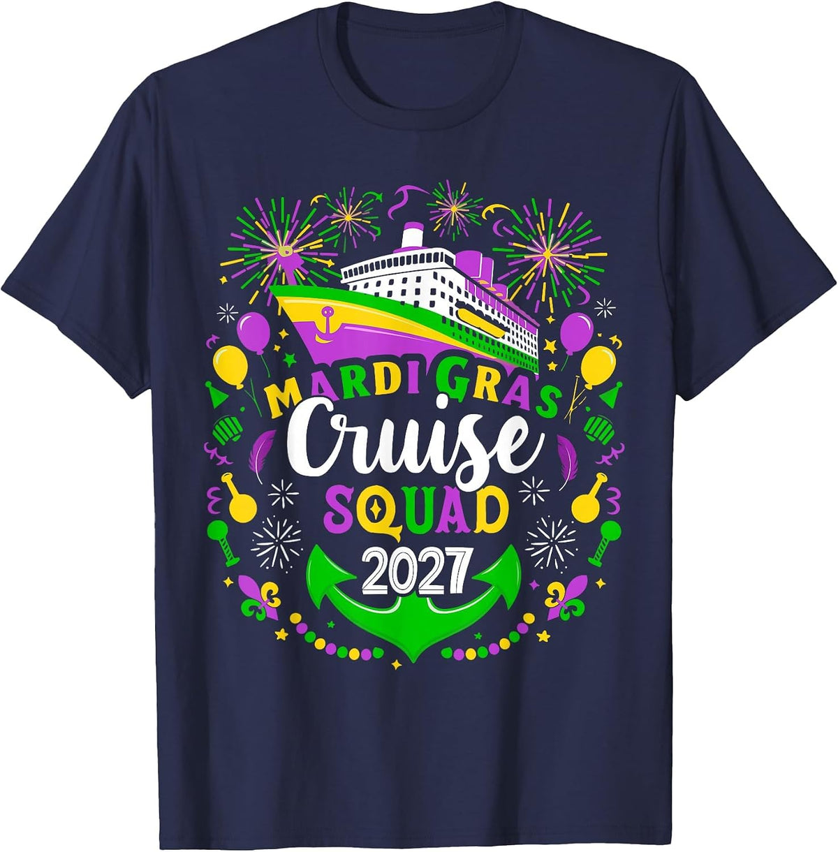 Mardi Gras Carnival Cruise 2027 Cruising Mask Ship Party T-Shirt - Navy Blue