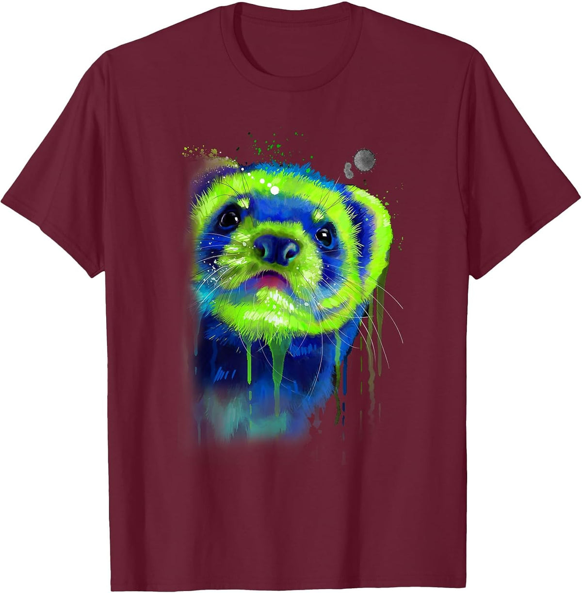 Ferret Face Graphics Hand Drawn Splash Art Ferret Pet Lover T-Shirt - Burgundy