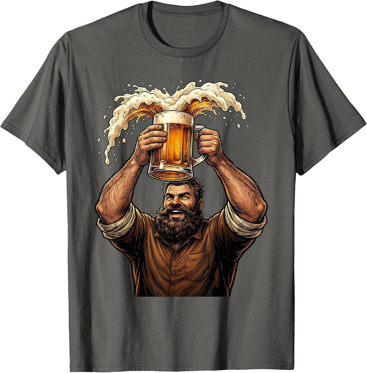 Bearded Beer Lover Raising Frothy Mug Graphic T-Shirt - Asphalt Grey