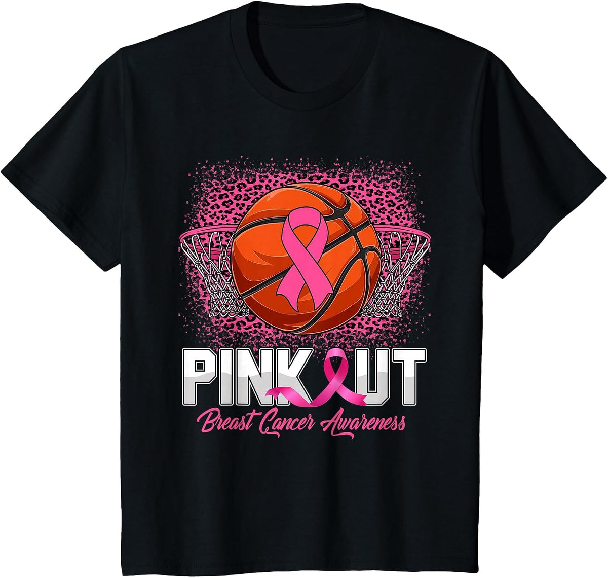 Pink Out Breast Cancer Awareness Basketball Leopard Bleached T-Shirt - Black