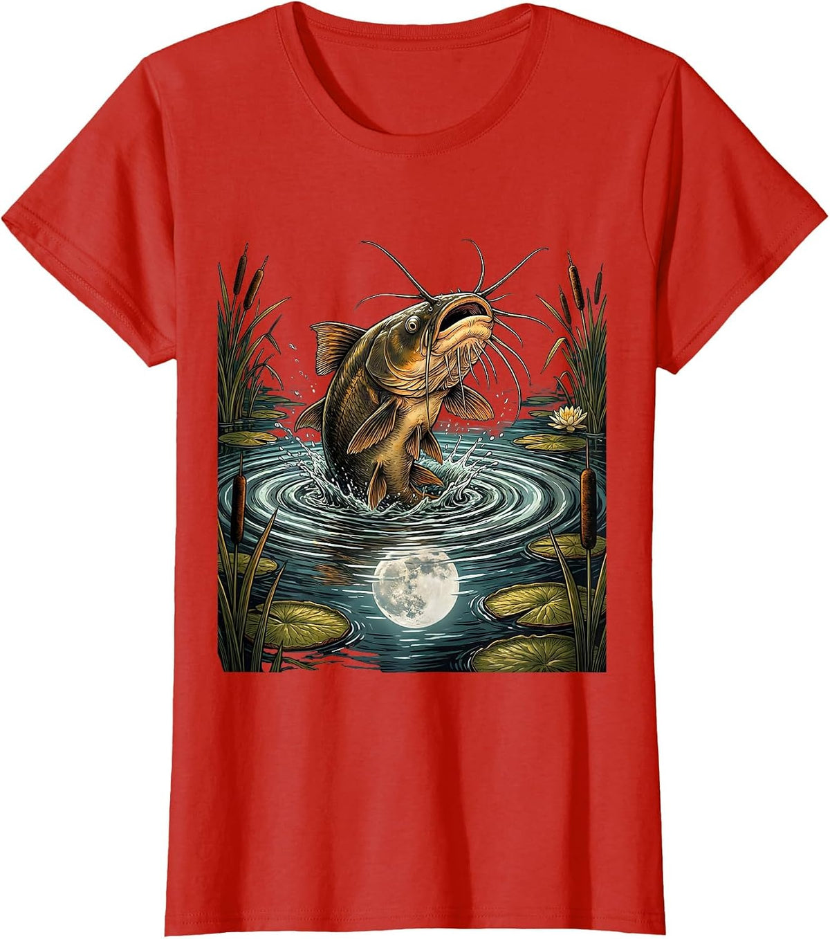 Boys Fishing Catfish Night Scene Graphic T-Shirt - Red
