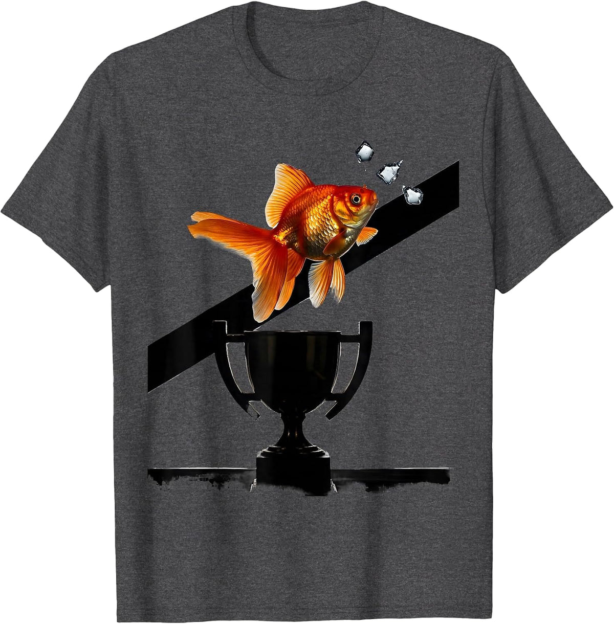 Men's Sarcastic Goldfish Leaping From Trophy Cup T-Shirt - Dark Heather Grey