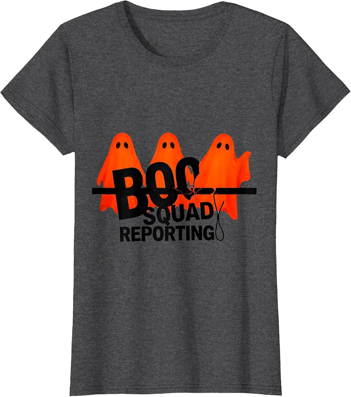 Women's Boo Squad Reporting New Wave Typography Halloween Ghost Para T-Shirt - Dark Heather Grey
