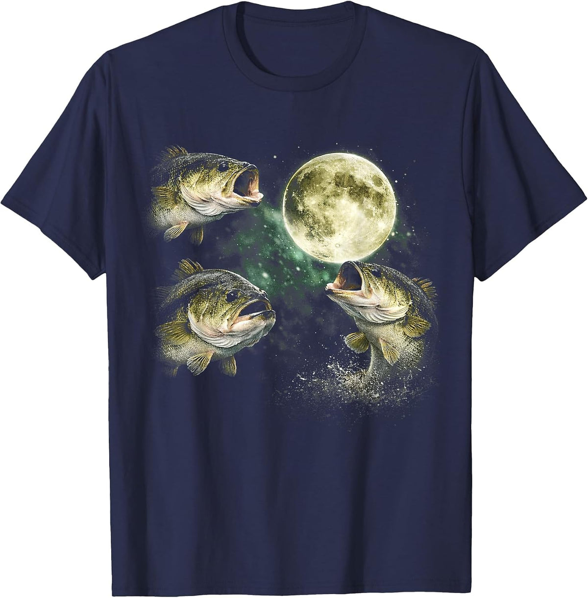 Bass Fish Howling At The Moon Vintage Angler Fisherman Tees T-Shirts for Men Women - Navy Blue
