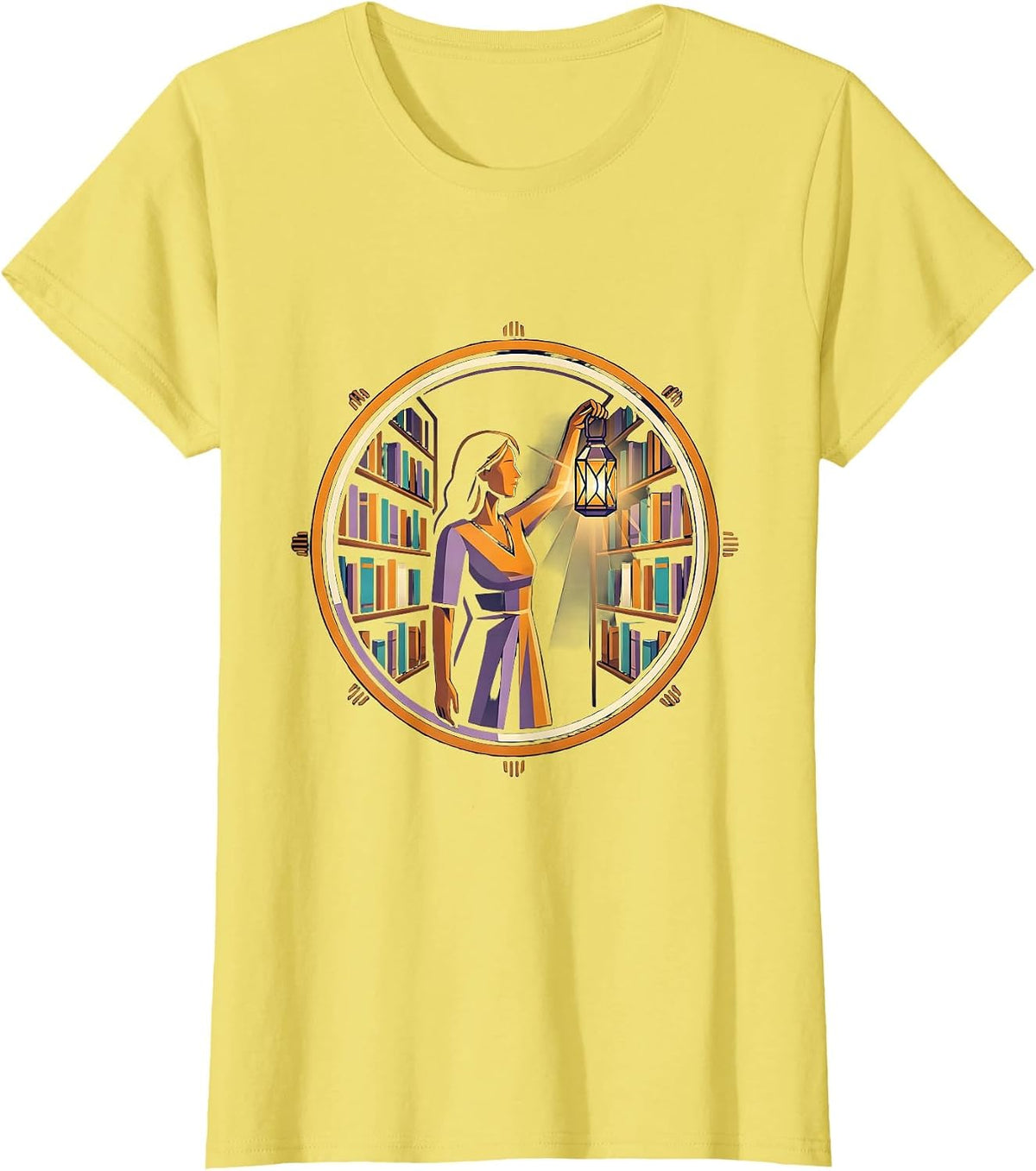 Teacher Librarian Lantern Dark Library Illustration T-Shirt - Lemon Yellow
