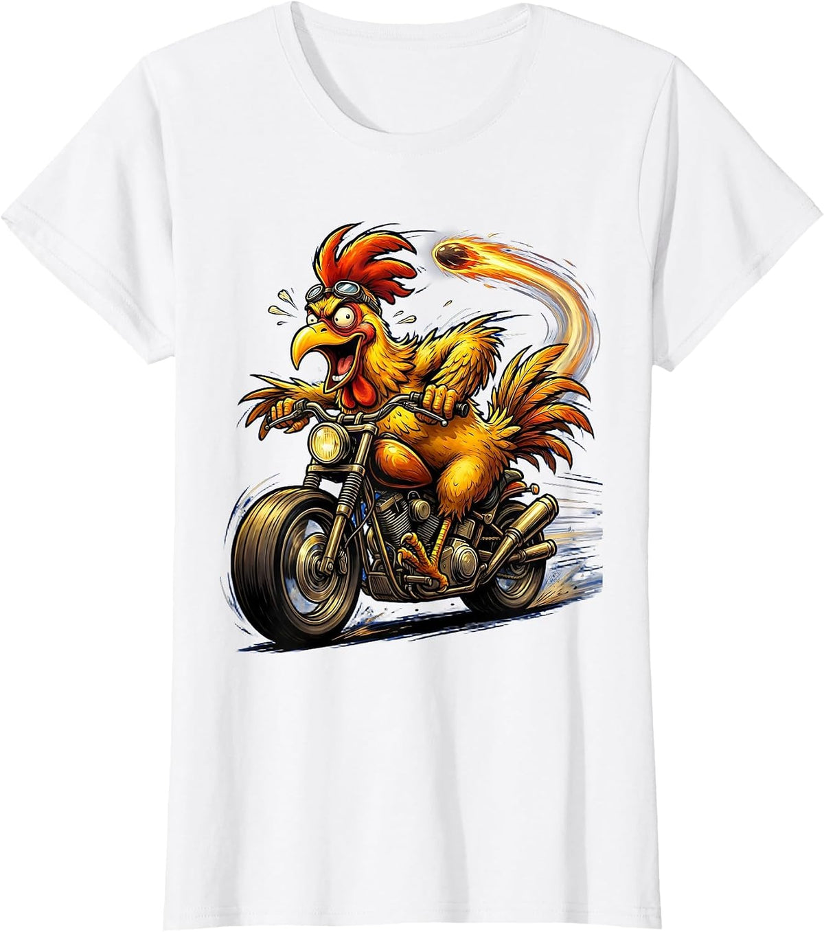 Women's Chicken Riding Motorcycle Full Speed Biker Art T-Shirt - White