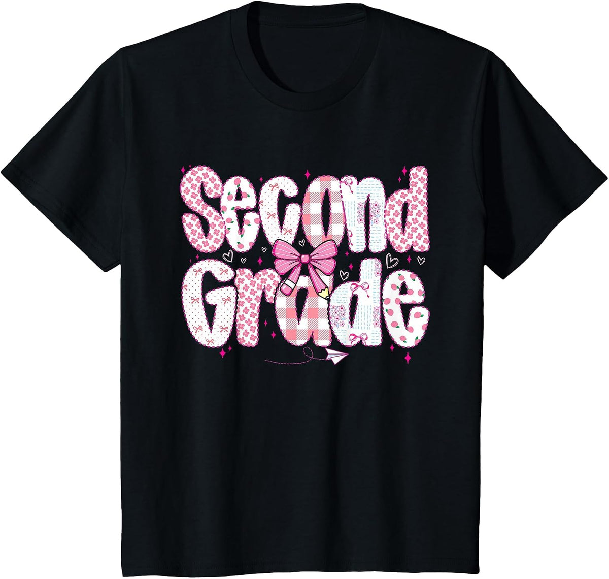 Preppy Second Grade Teacher Team Bow Back to School Girls T-Shirt - Black