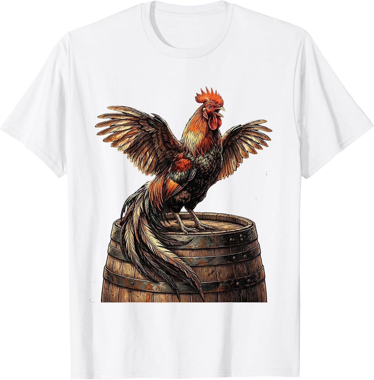 Men's Rooster Crowing on Wooden Keg Graphic T-Shirt - White
