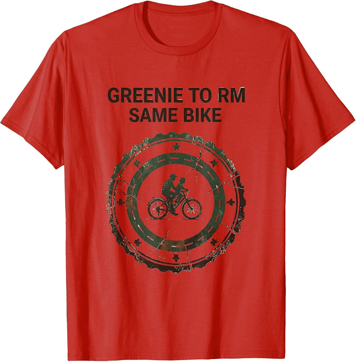 Men's Greenie To RM Same Bike Vintage LDS Missionary Humor Gift T-Shirt - Red