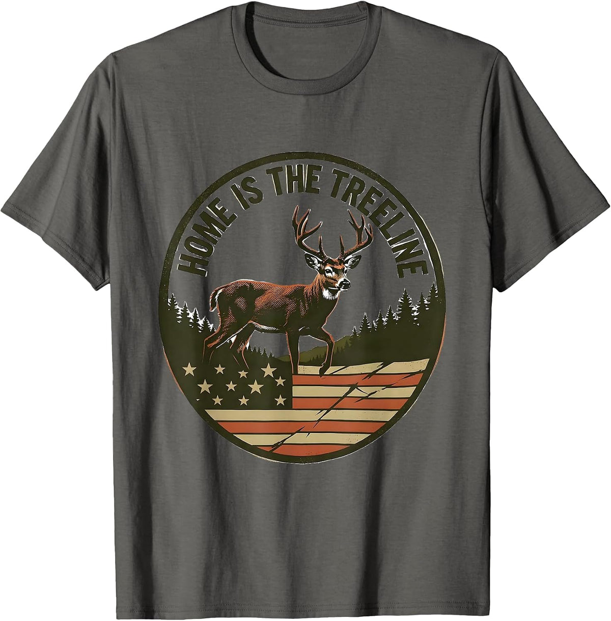 Men's Home Is The Treeline Screenprint Poster Whitetail Buck Deer T-Shirt - Asphalt Grey
