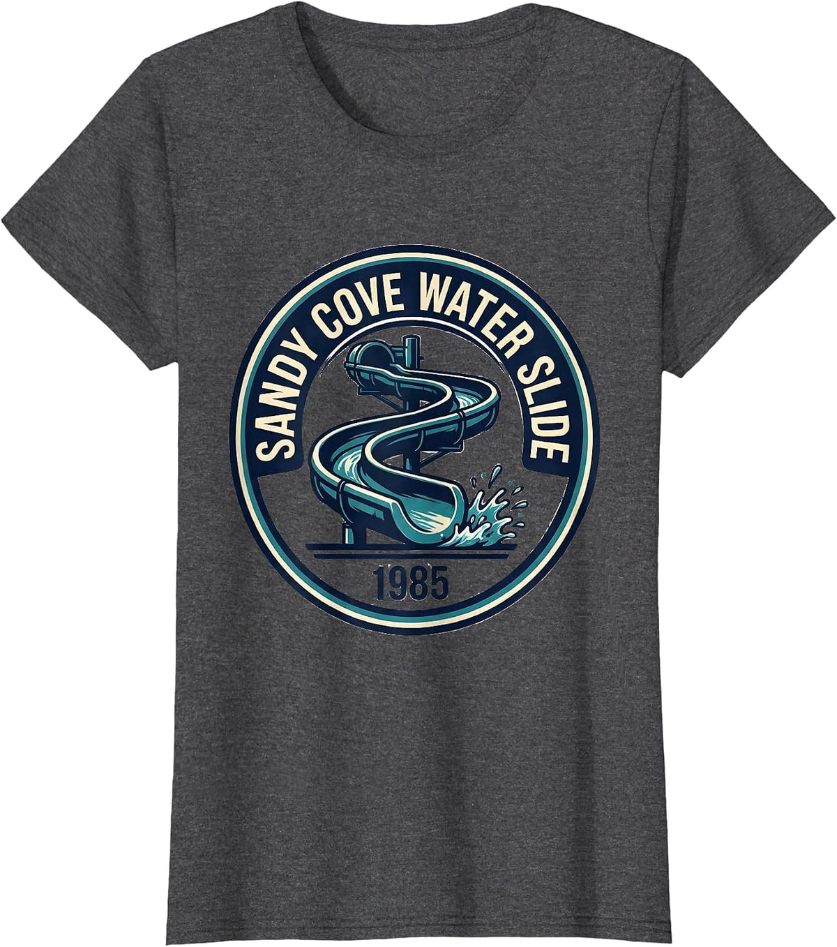 Women's Sandy Cove Water Slide 1985 Retro Vintage Band-Name Pop T-Shirt - Dark Heather Grey