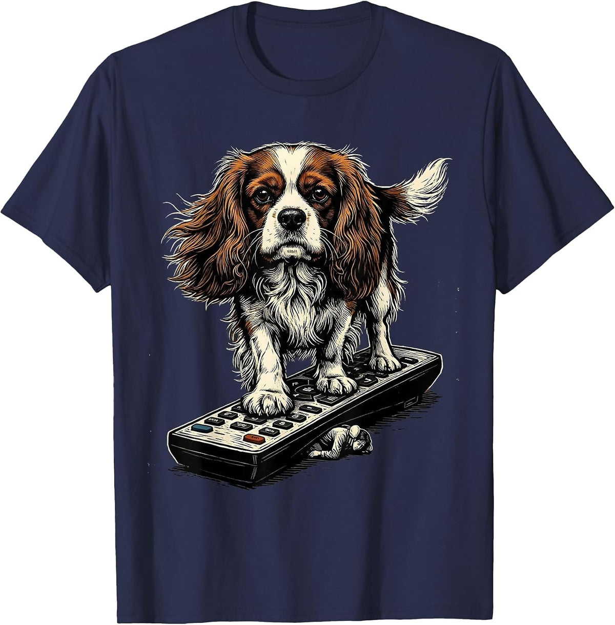 Cavalier King Charles Spaniel Linocut Dog Owner Humor T-Shirt - Navy Blue