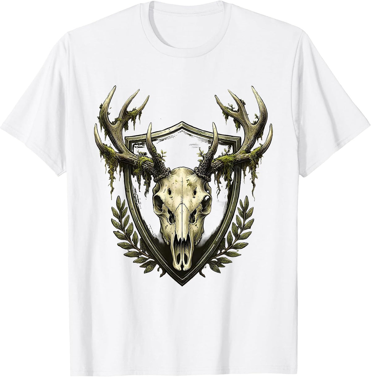 Men's Deer Skull Mossy Antler Rack Hunting Graphic T-Shirt - White