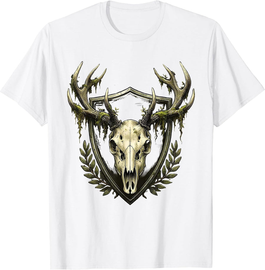 Men's Deer Skull Mossy Antler Rack Hunting Graphic T-Shirt - White