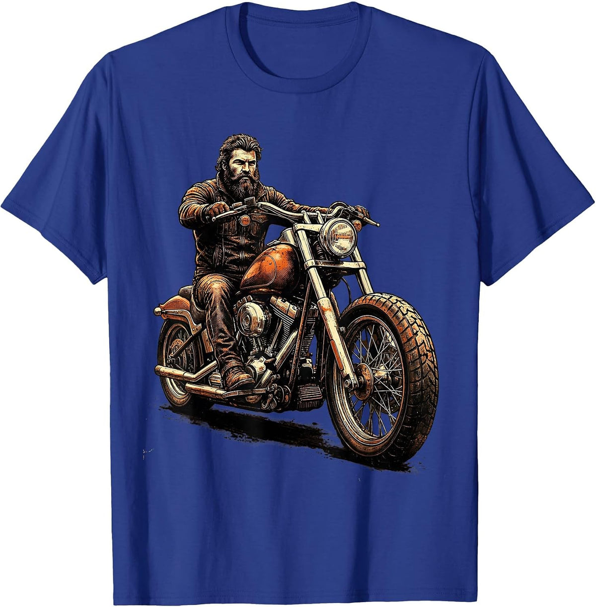Men's Vintage Bearded Biker Chopper Motorcycle Graphic T-Shirt - Royal Blue