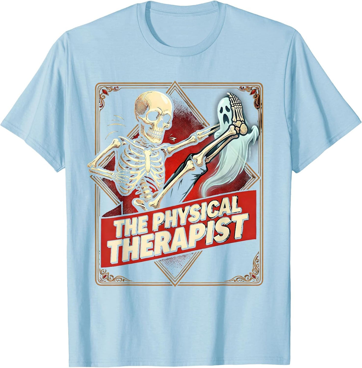 Men's The Physical Therapist Pop Art Tarot Card Skeleton Humor T-Shirt - Baby Blue