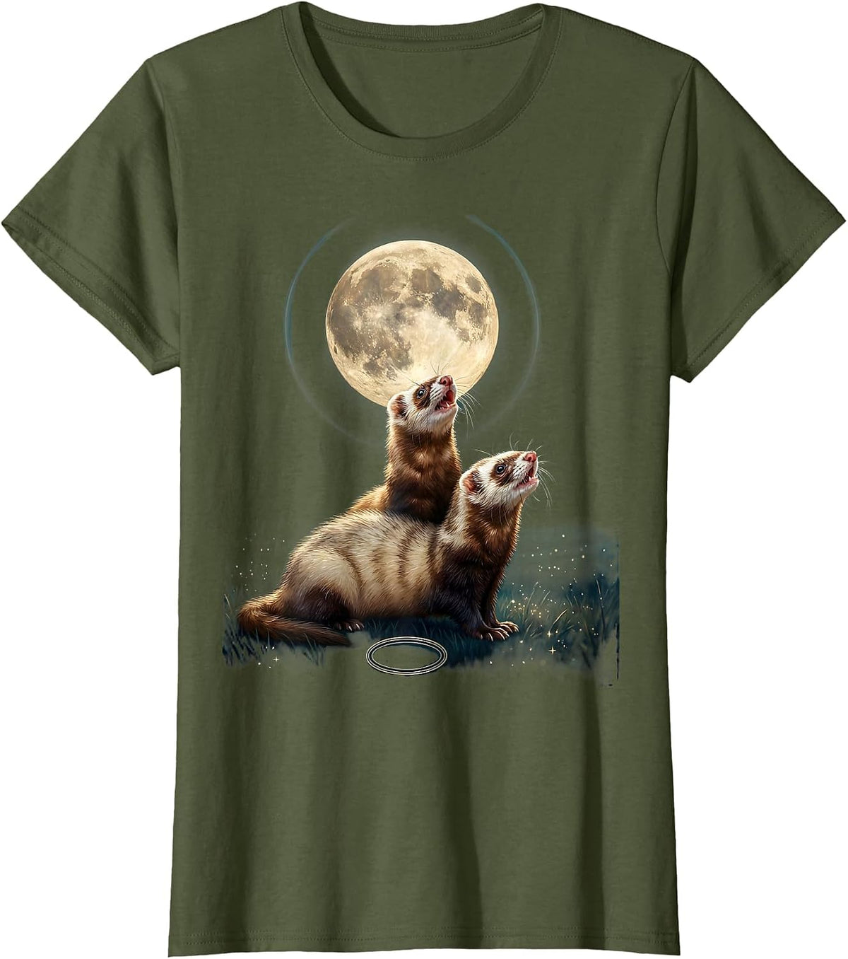 Women's Three Ferrets Howling At The Moon Funny Parody T-Shirt - Olive Green