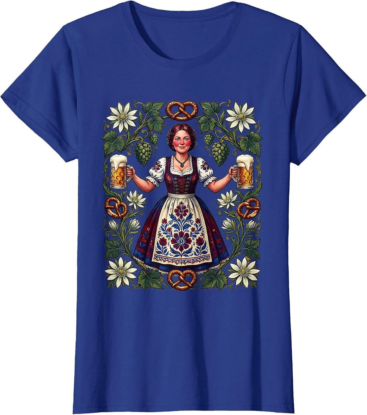 Women's Bavarian Beer Maiden Oktoberfest Illustration T-Shirt - Royal Blue