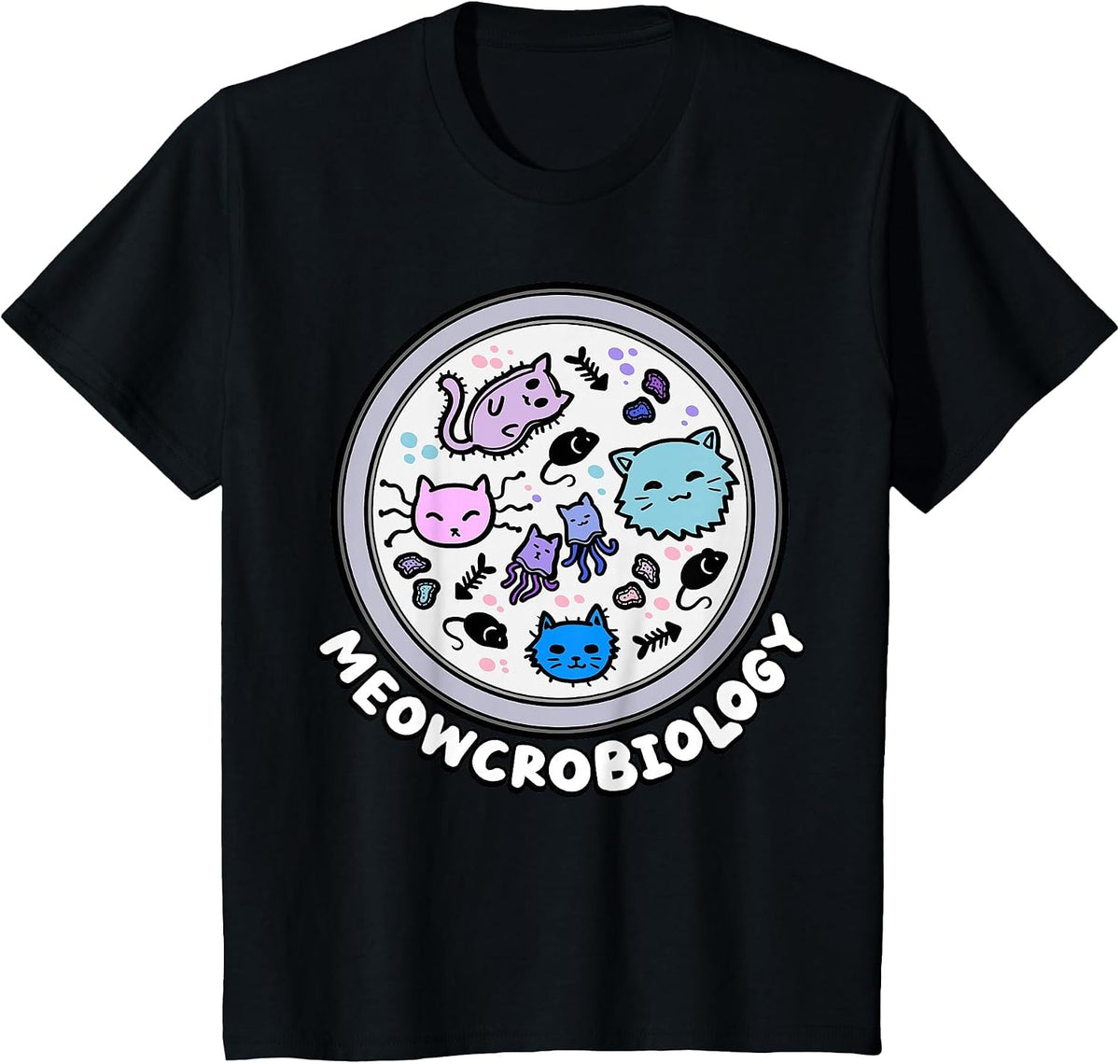 Meowcrobiology Microscopic Cats Science Pet School Biology T-Shirt - Black