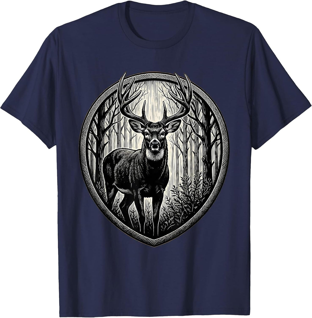 Whitetail Buck Autumn Tree Line Illustration T-Shirt - Navy Blue