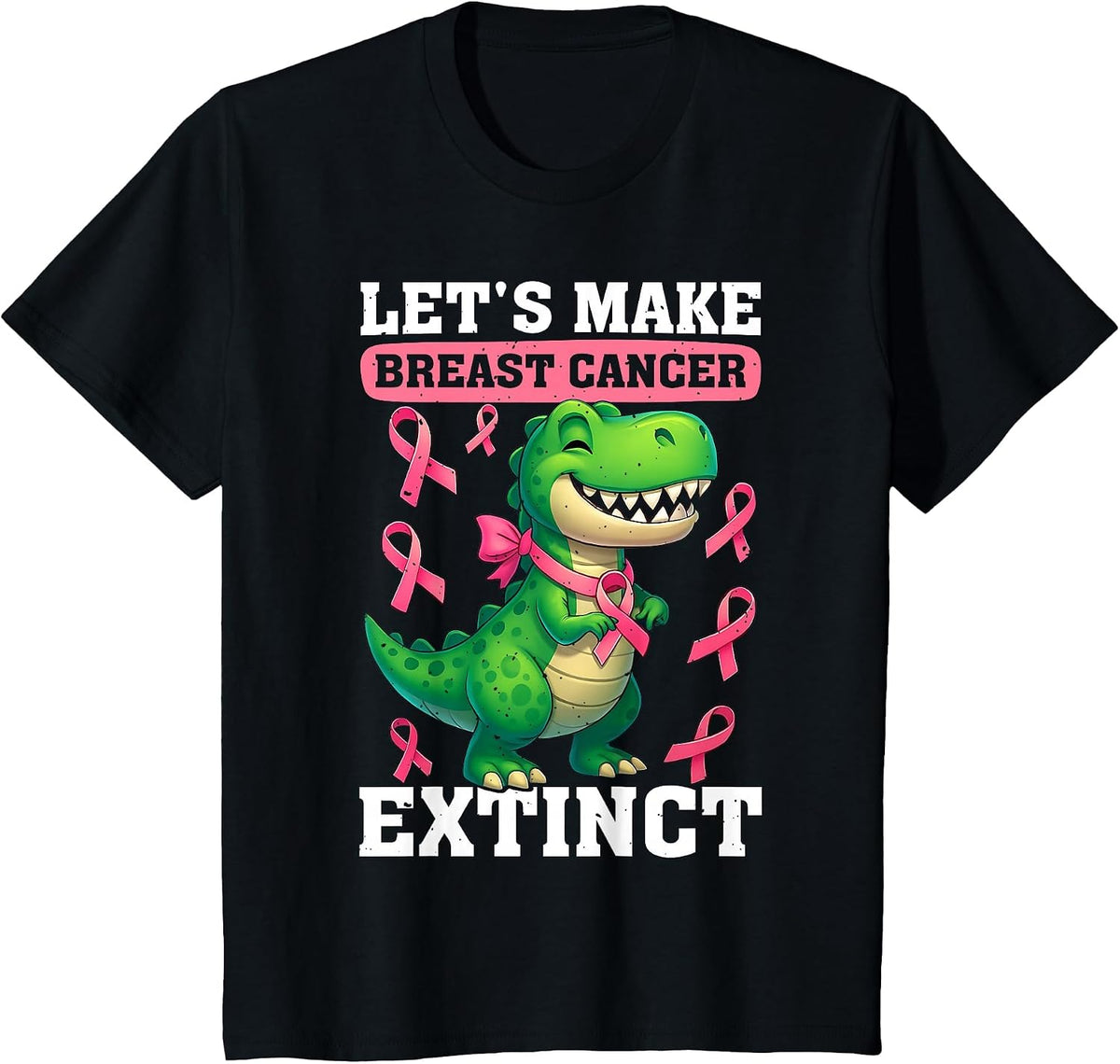 Lets Make Breast Cancer Extinct Pink Dinosaur Kids Boys Girl T-Shirt - Black