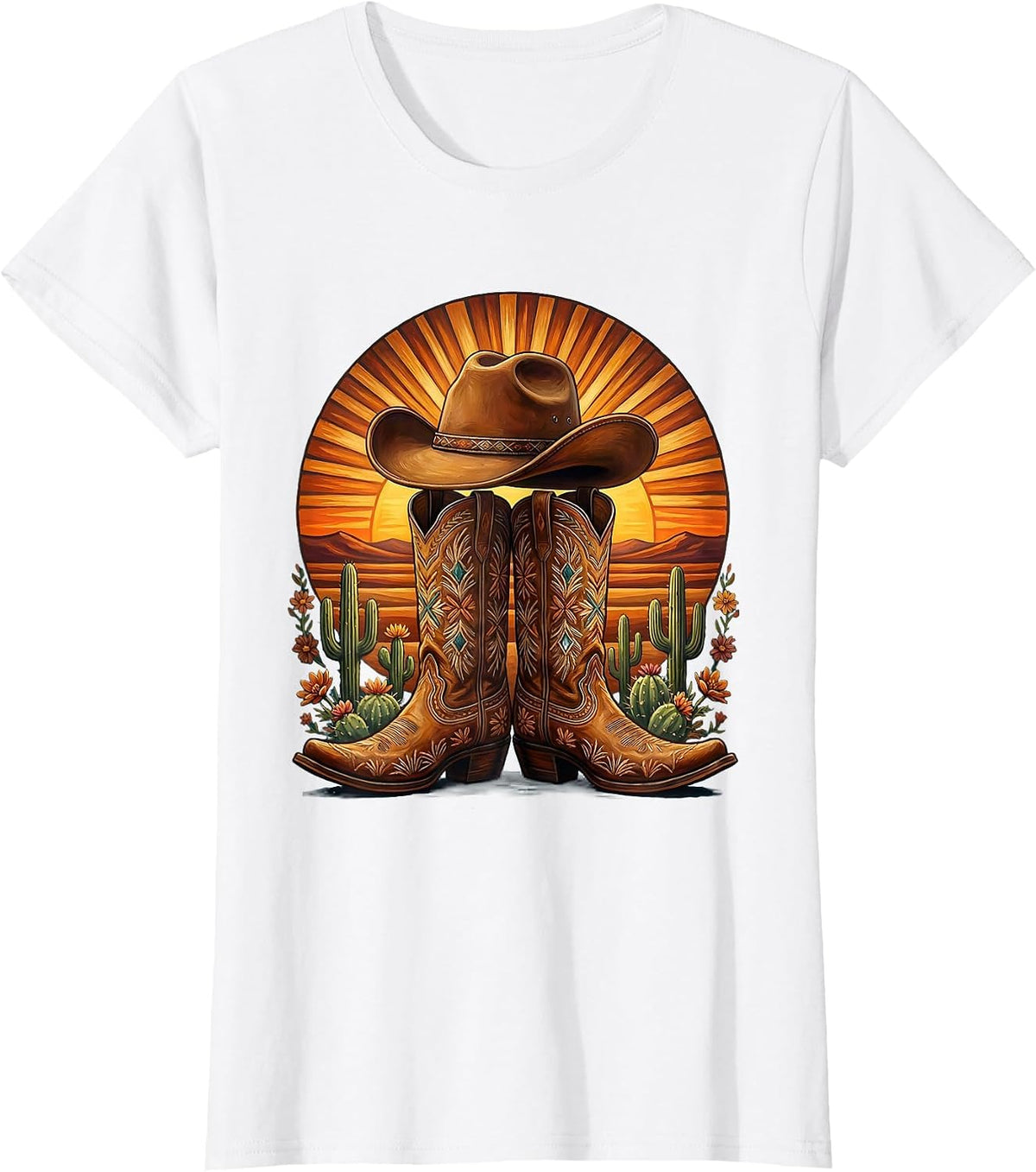 Women's Cowgirl Boots and Hat Desert Sunset Graphic T-Shirt - White