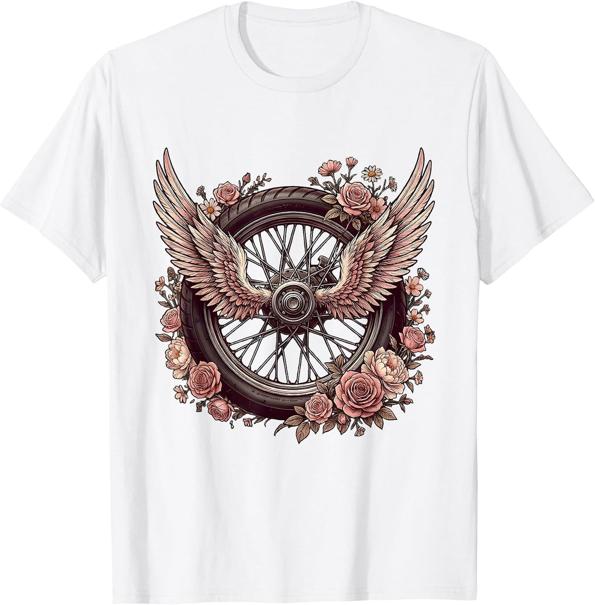 Men's Winged Motorcycle Wheel Floral Biker Design T-Shirt - White