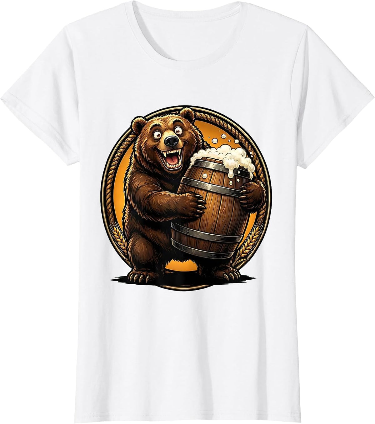 Women's Bear Hugging Giant Ale Barrel Drinking Design T-Shirt - White