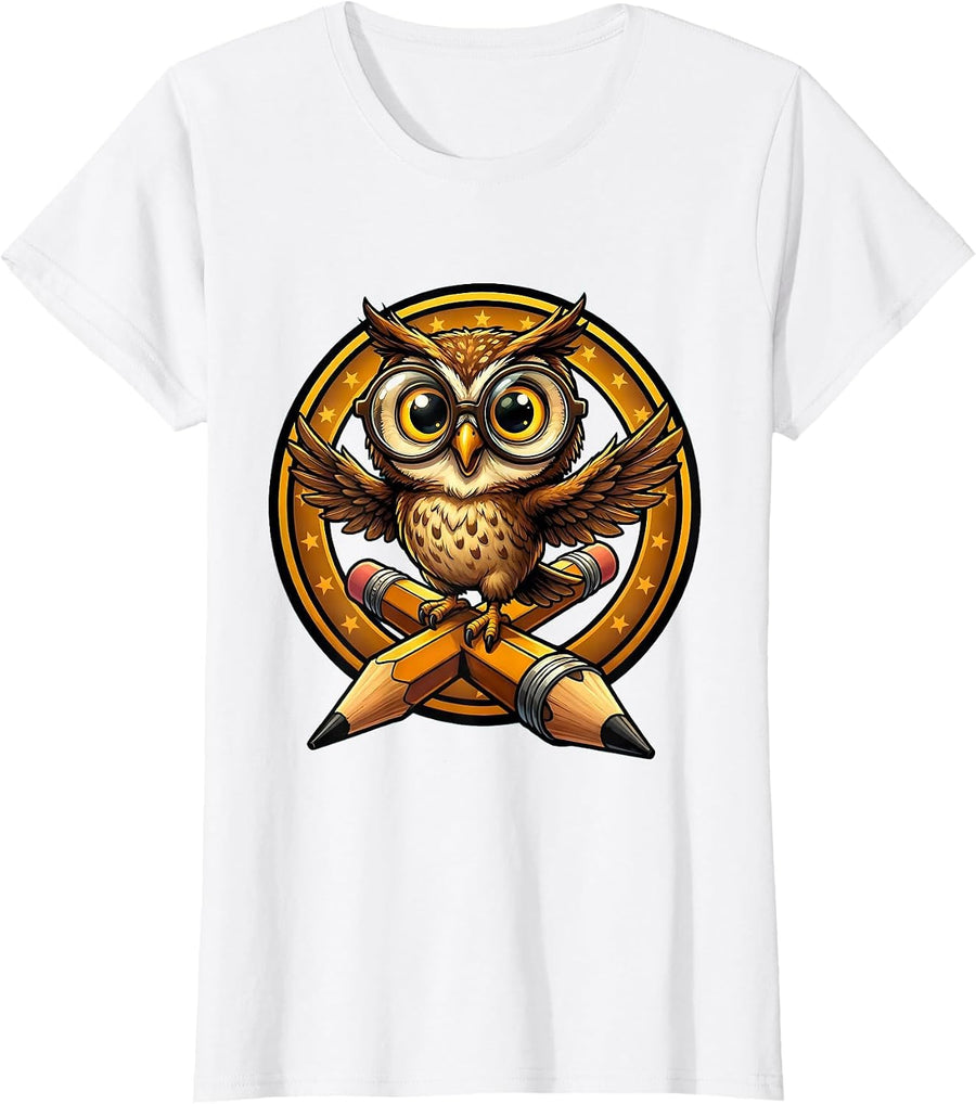 Women's Sped Teacher Owl on Pencil Glasses Graphic T-Shirt - White