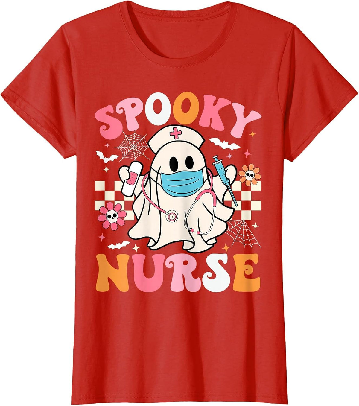 Spooky Nurse Ghost Halloween Cute Groovy Nursing Halloween T-Shirt - Red