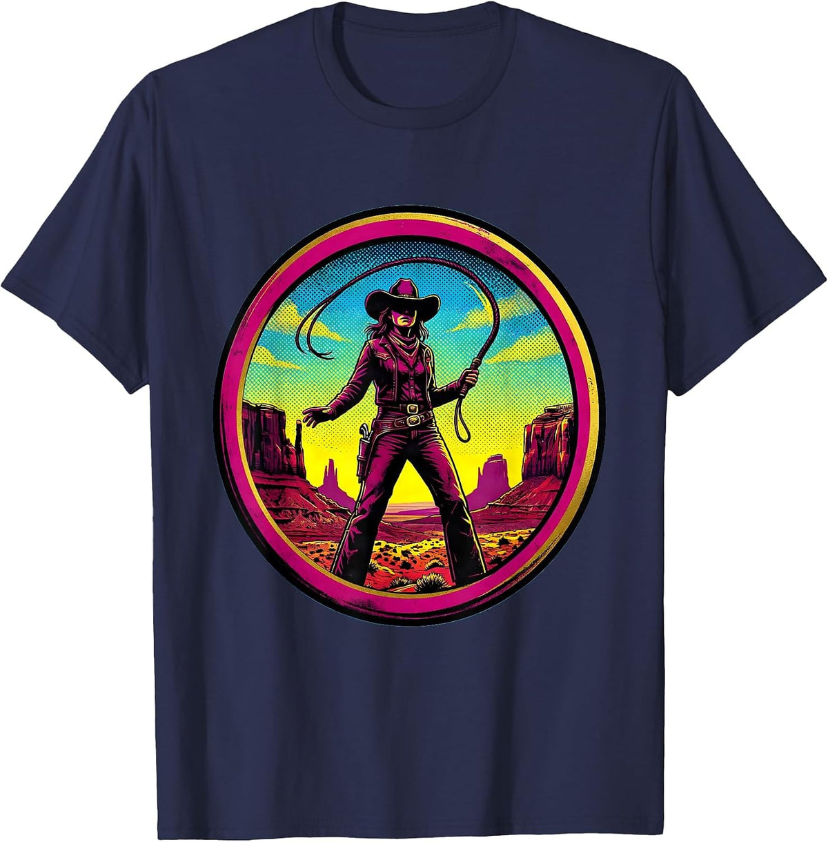 Cowgirl With Whip Wild Western Backdrop Design T-Shirt - Navy Blue