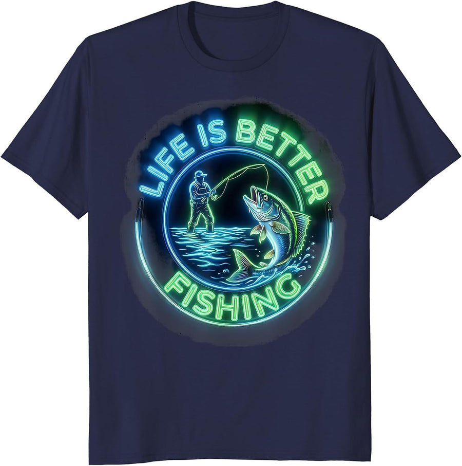 Life Is Better Fishing Men's Outdoors Design T-Shirt - Navy Blue