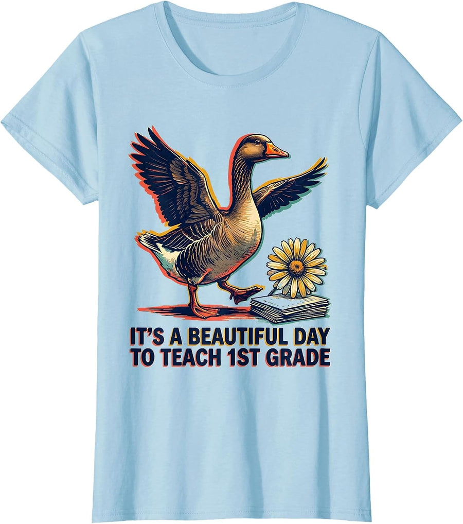 Women's It's A Beautiful Day To Teach 1st Grade Teacher T-Shirt - Baby Blue