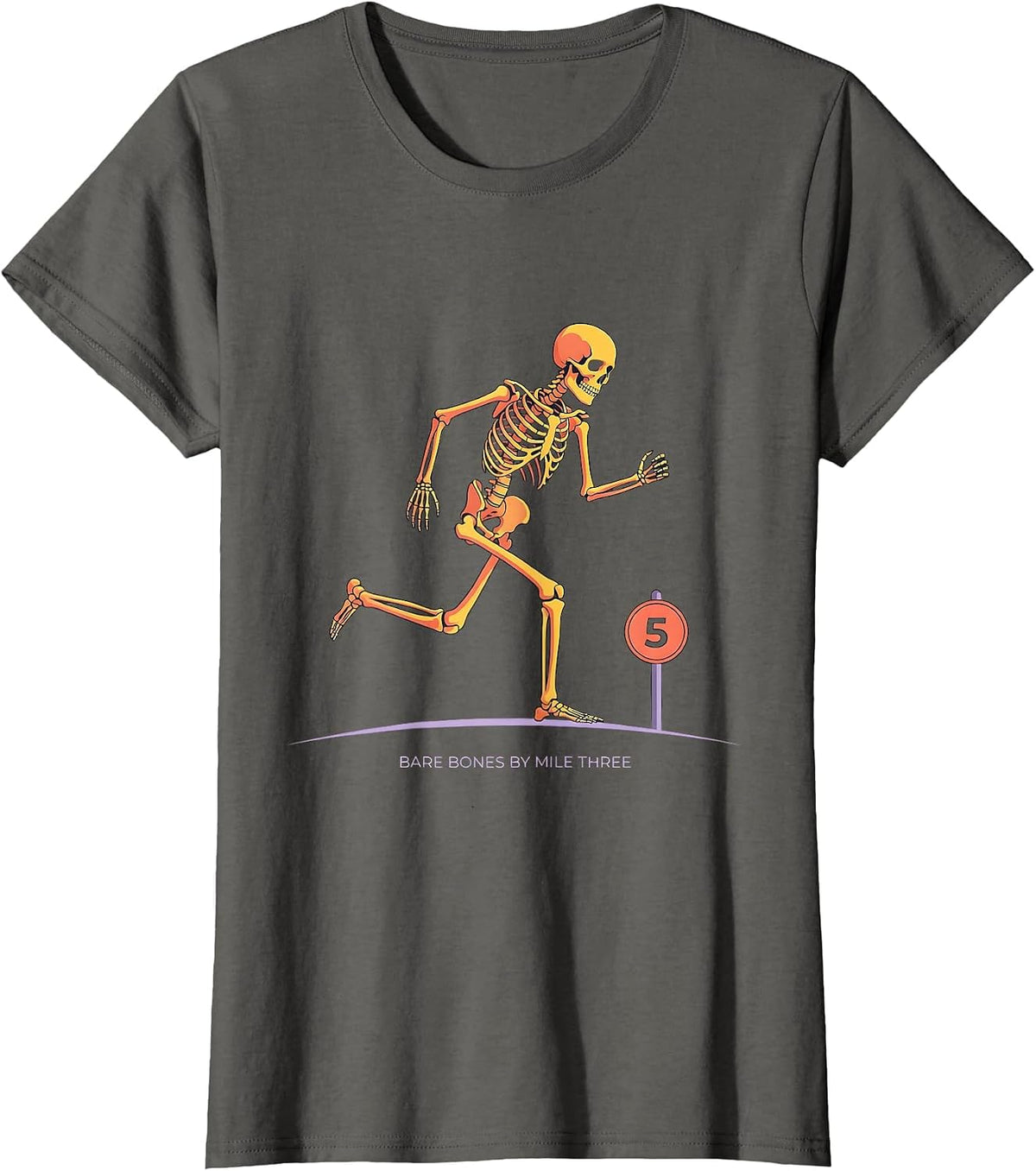 Women's Bare Bones By Mile Three Funny Halloween Running Skeleton 5K T-Shirt - Asphalt Grey