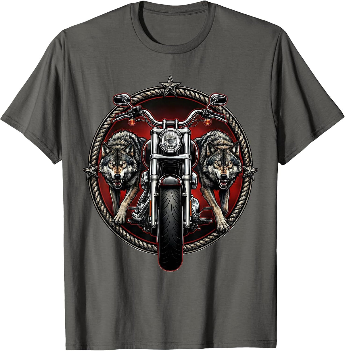 Men's Wolf Pack and Motorcycle Biker Graphic T-Shirt - Asphalt Grey