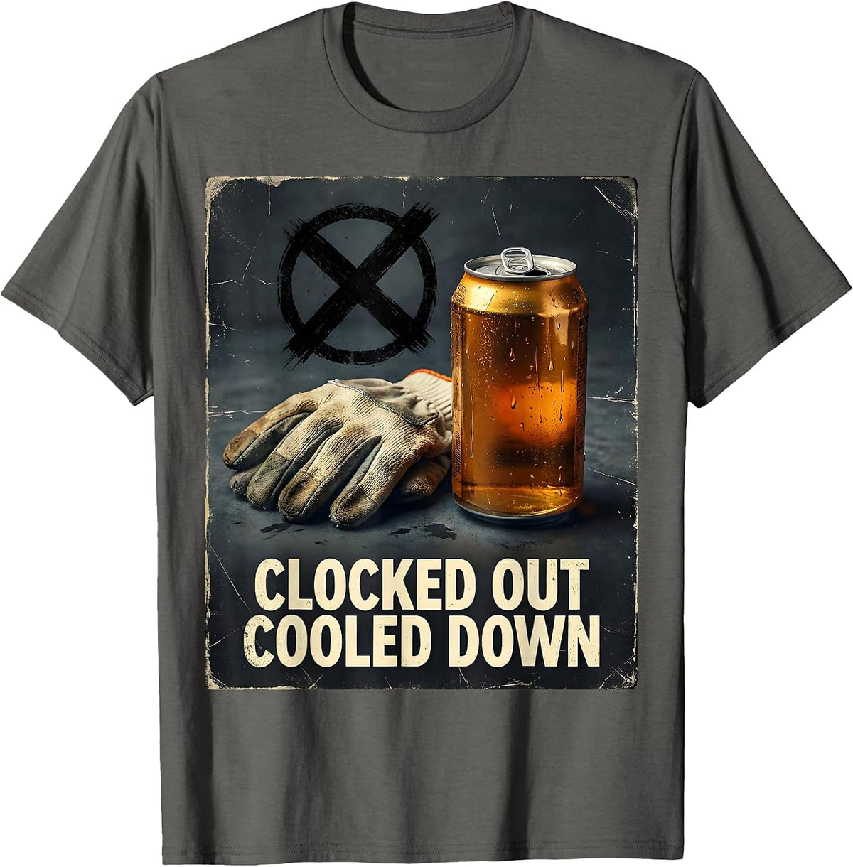 Clocked Out Cooled Down Distressed Humor Labor Day Cookout T-Shirt - Asphalt Grey
